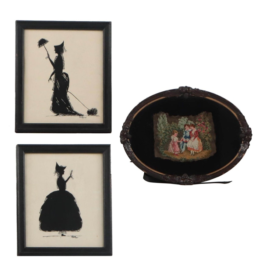 H. H. Reed Silhouette Drawings and Framed Needlepoint Textile