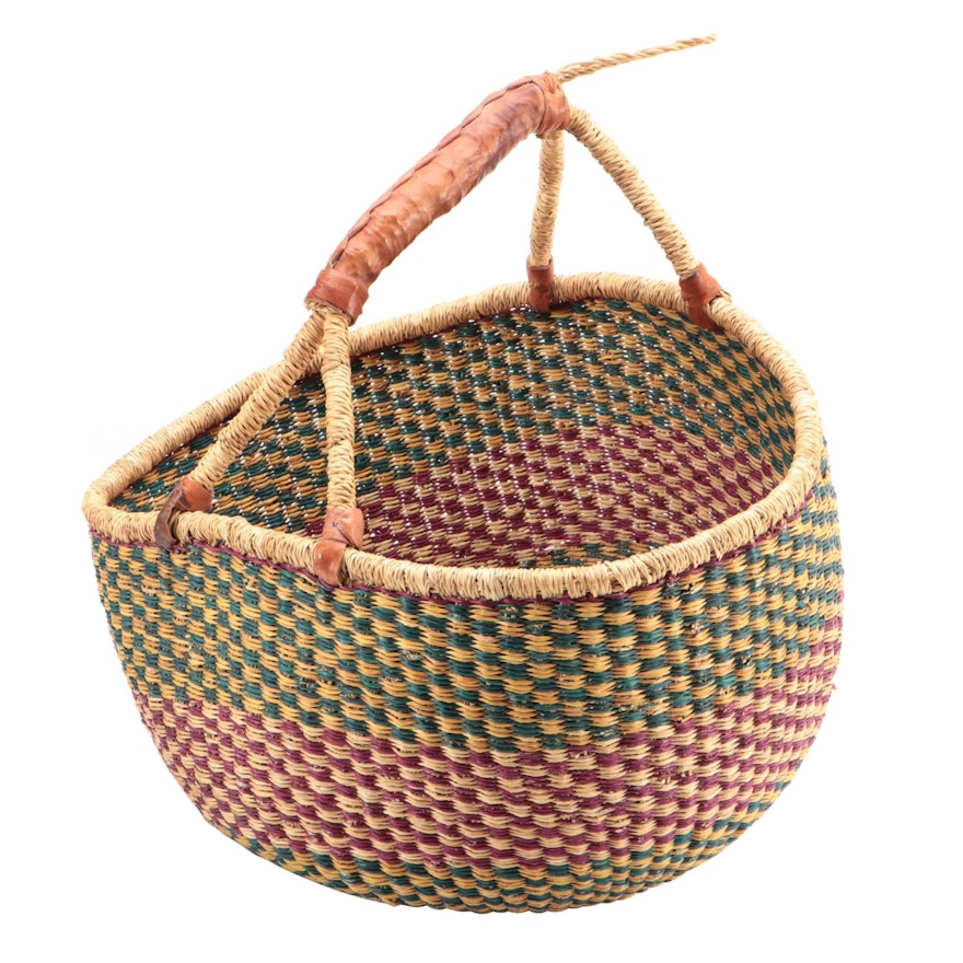 African Ghanaian Dyed Grass Leather Wrapped Handle Bolga Basket