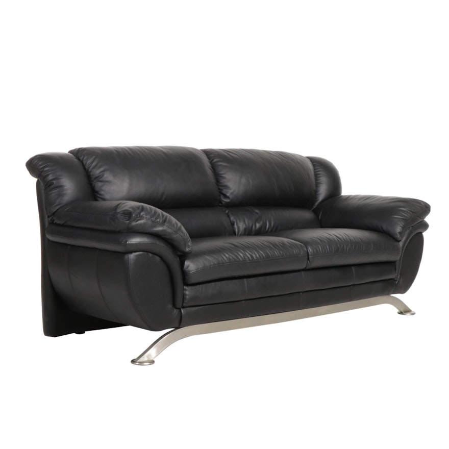 Fubao Modernist Style Black Faux Leather and Metal Sofa