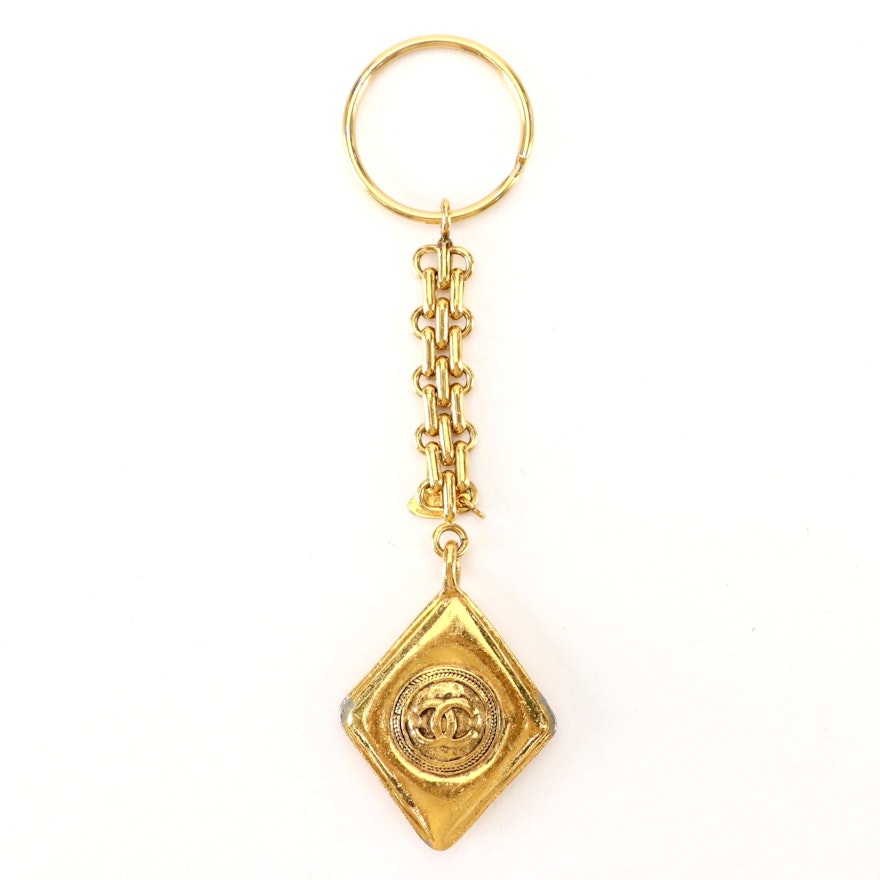 Chanel CC Rhombus Medallion Gold Tone Key Ring/Bag Charm