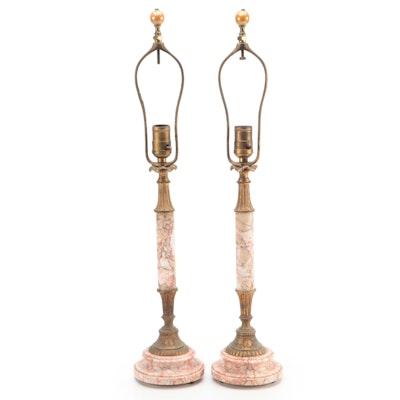 French Empire Style Pink Marble and Gilt Metal Column Table Lamps