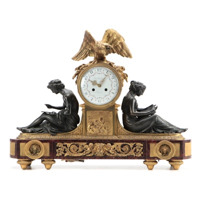 French Louis XVI Style Gilt Bronze, Bronze and Marble Allegorical Mantel Clock