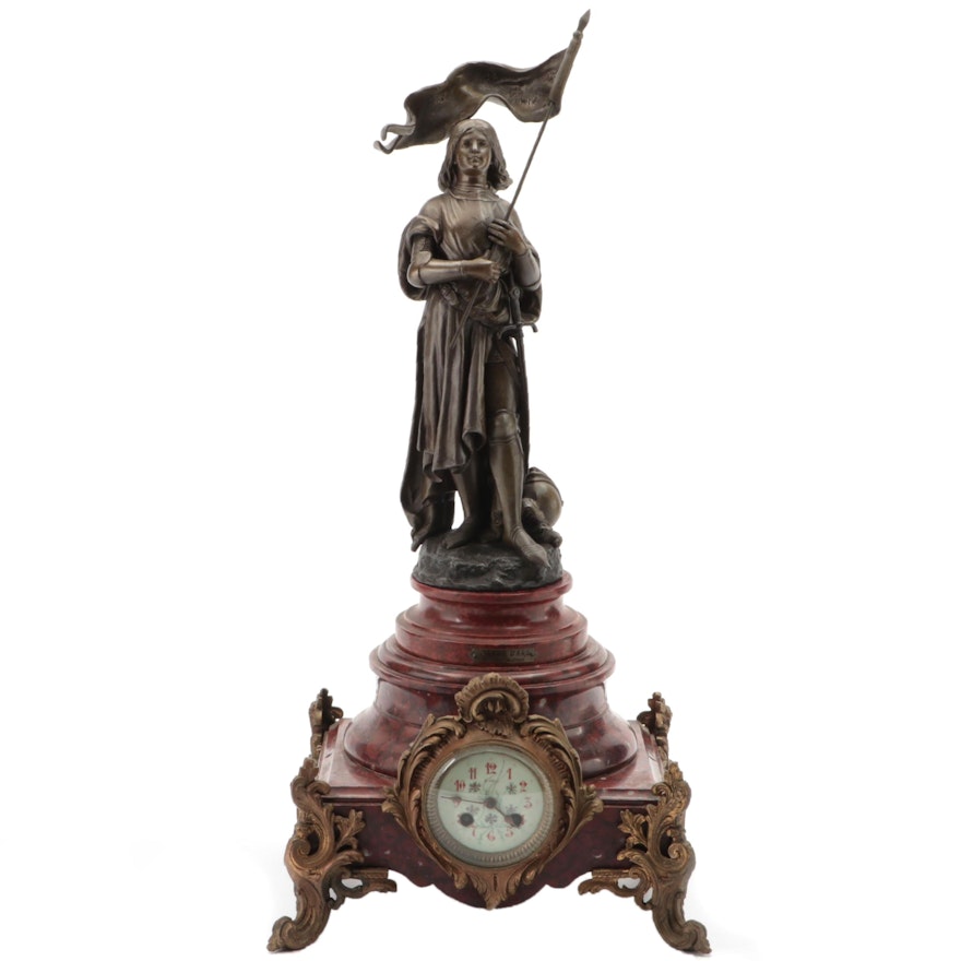 French Marble and Ormolu Mounted Mantel Clock after Hip. Moreau "Jeanne d'Arc"