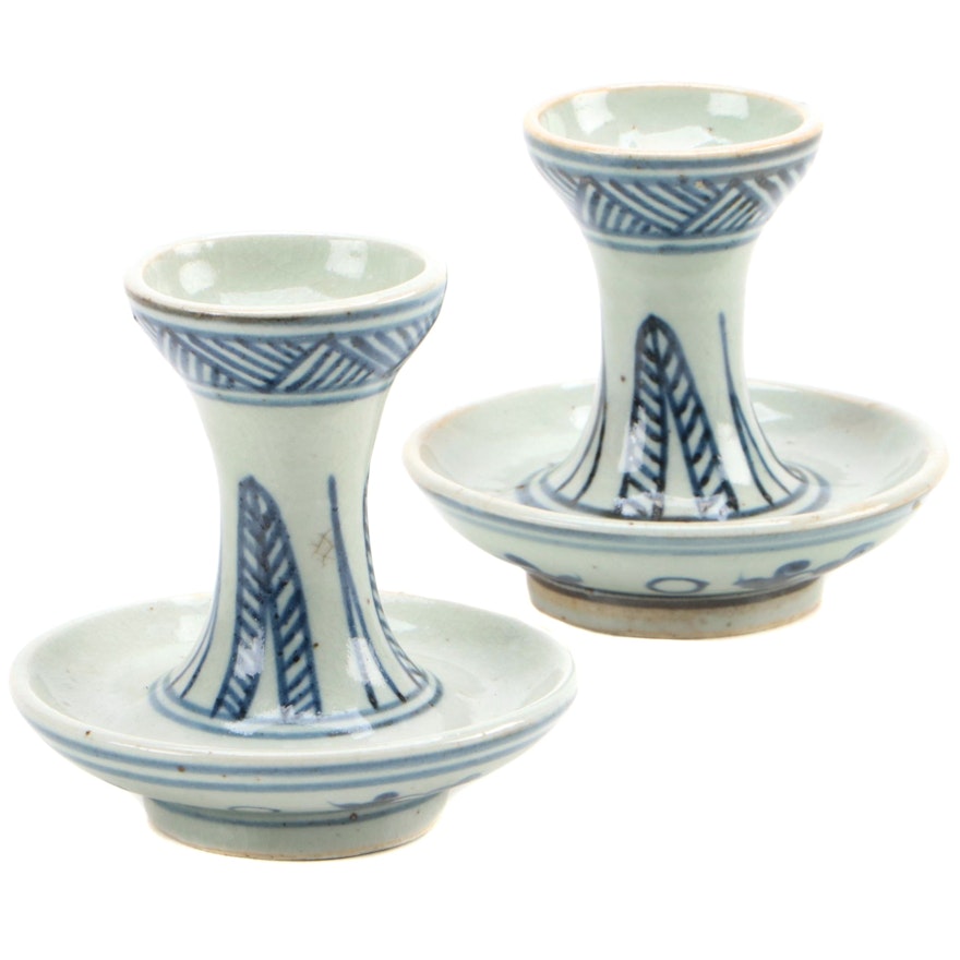 Chinese Blue and White Hand-Painted Porcelain Candle Holder Pair