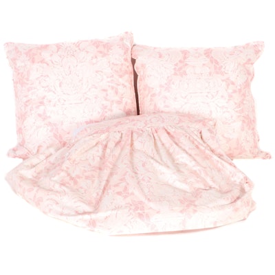 Custom Made Pink and White Chintz King Size Bedskirt and Accent Pillows