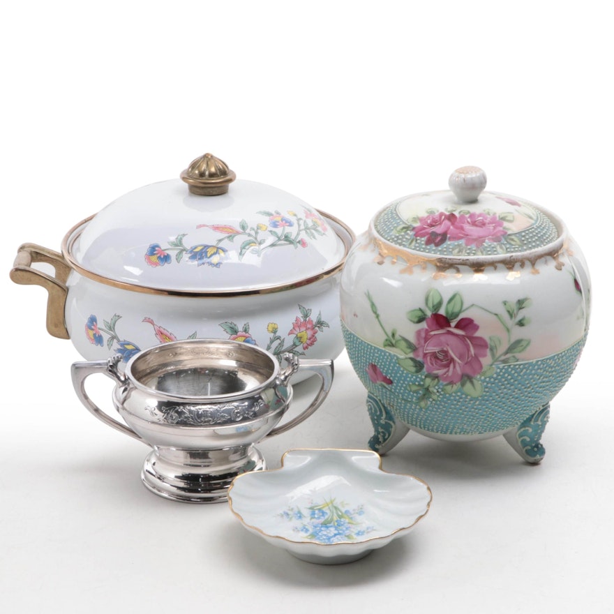 Victorian Moriage Accented Jar with Silver Plate Sugar Bowl and Other Tableware