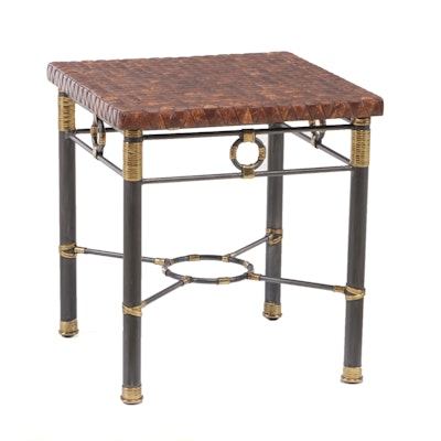 Maitland-Smith Coconut Tiled, Rattan and Wire-Wrapped Side Table
