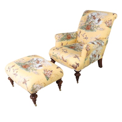 Lee Industries Custom-Upholstered Regency Style Armchair and Ottoman