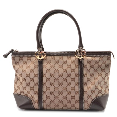 Gucci Lovely Heart Shoulder Bag in GG Canvas and Brown Leather
