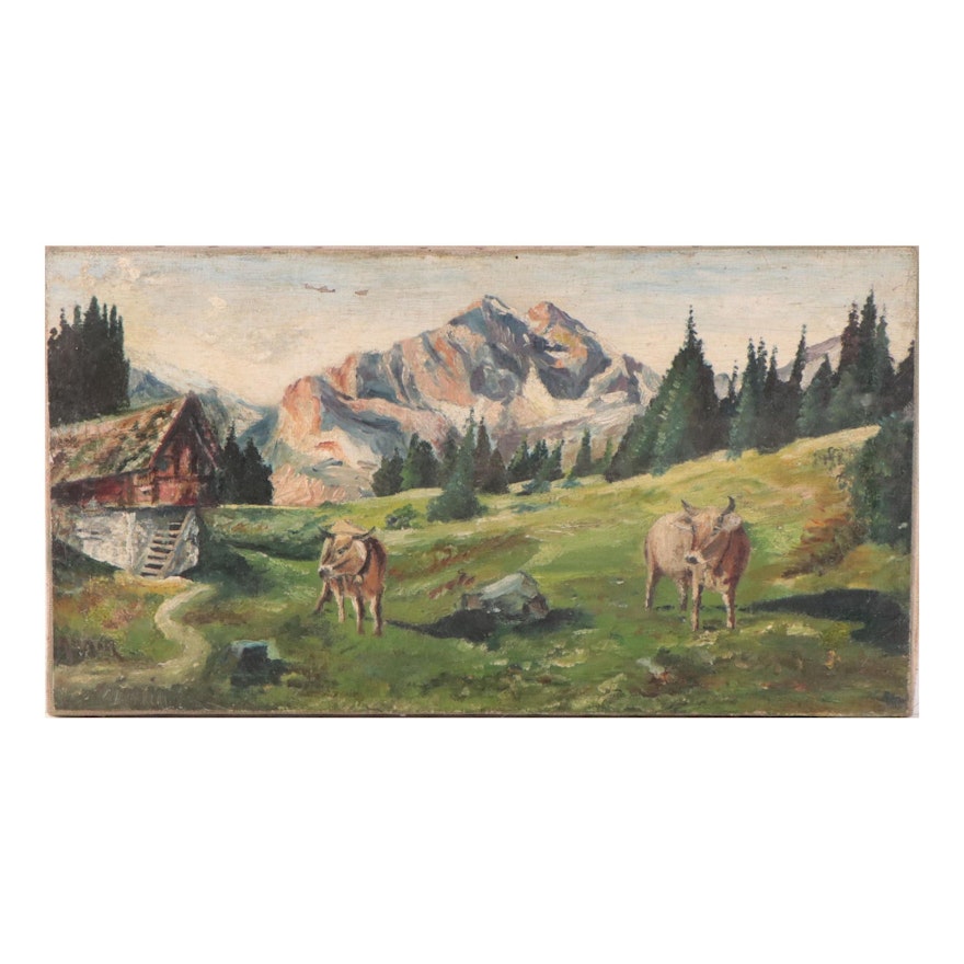 Oil Painting of Cows in Alpine Landscape