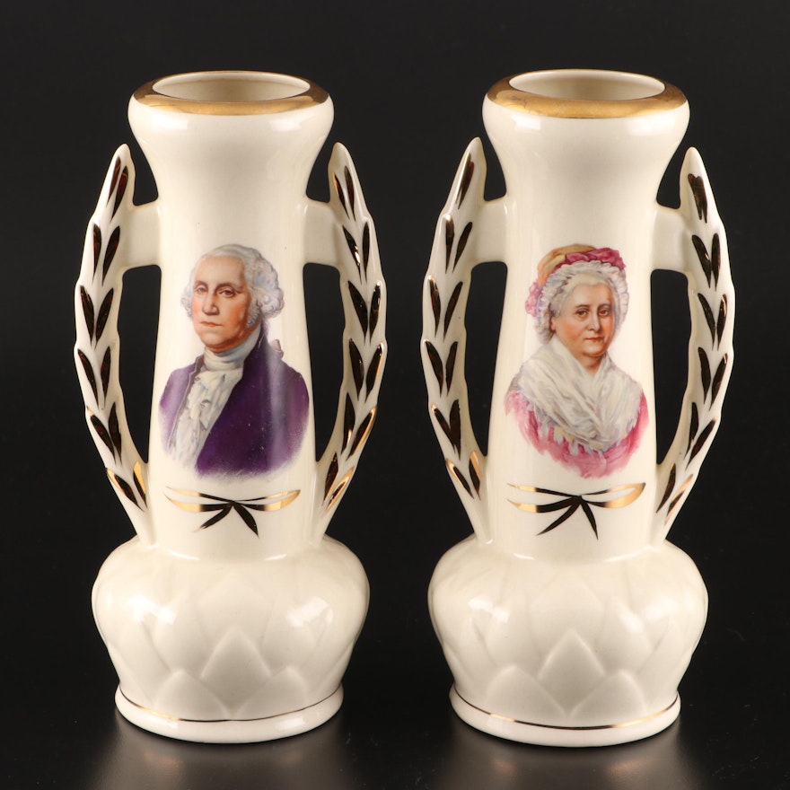 George and Martha Washington Transferware Handled Vases