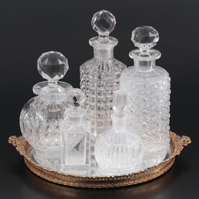 Daisy and Button Pattern and Other Glass Dresser Bottles with Mirrored Plateau