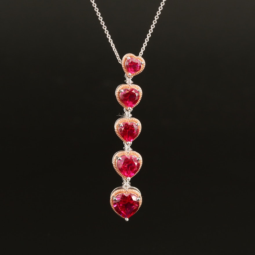 Sterling Ruby and White Sapphire Graduated Heart Pendant Necklace
