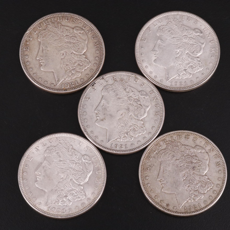 Five 1921 Morgan Silver Dollars