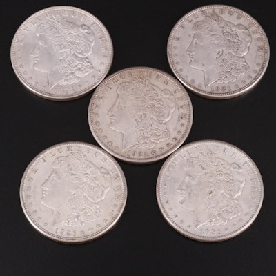 Five 1921 Morgan Silver Dollars