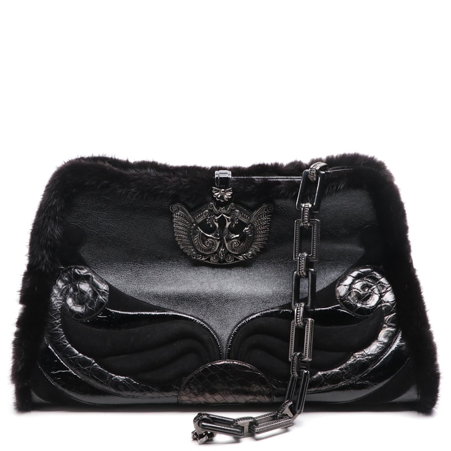 Andrew GN for Leiber Mink Fur Trim and Embellished Leather Frame Bag