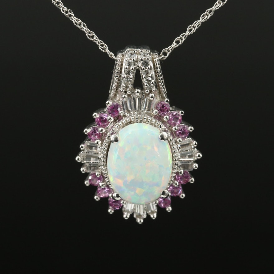 Sterling Opal, Pink and White Sapphire Pendant Necklace