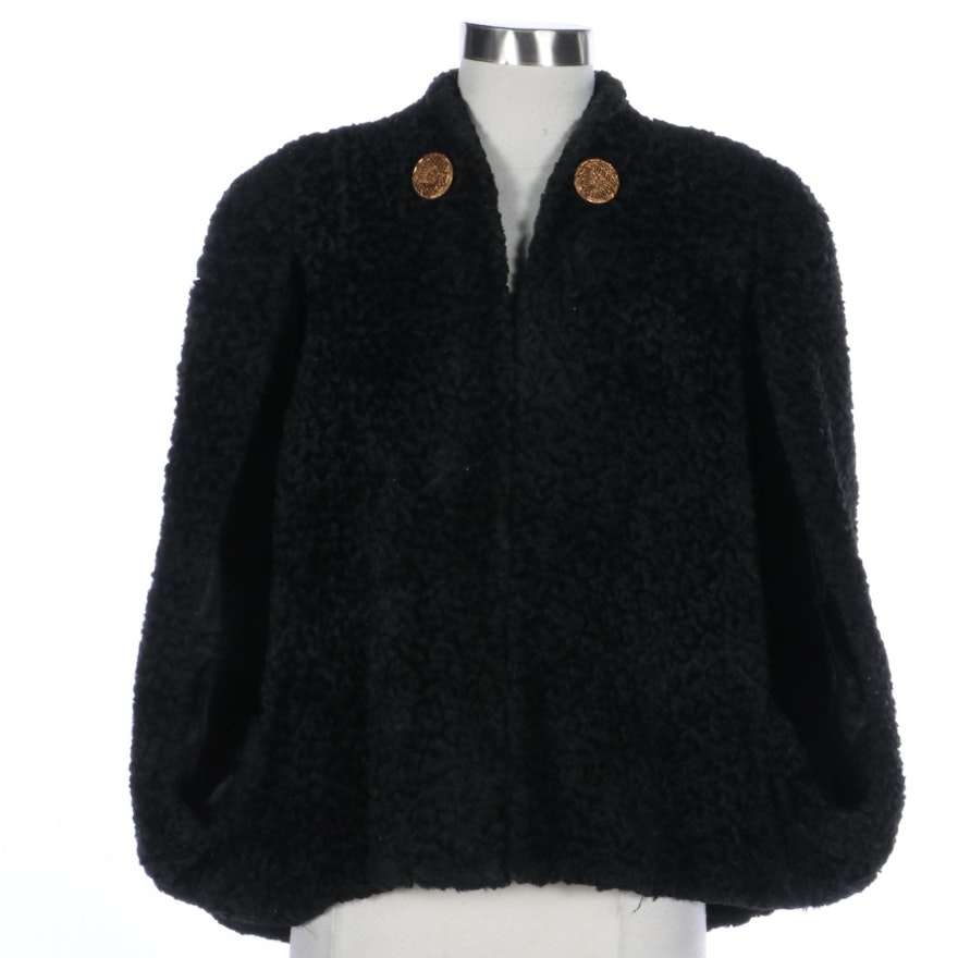 Persian Lamb Fur Capelet with Textured Buttons, Mid-20th Century