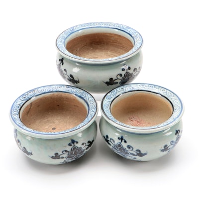 Chinese Blue and White Hand-Painted Porcelain Rimmed Planters