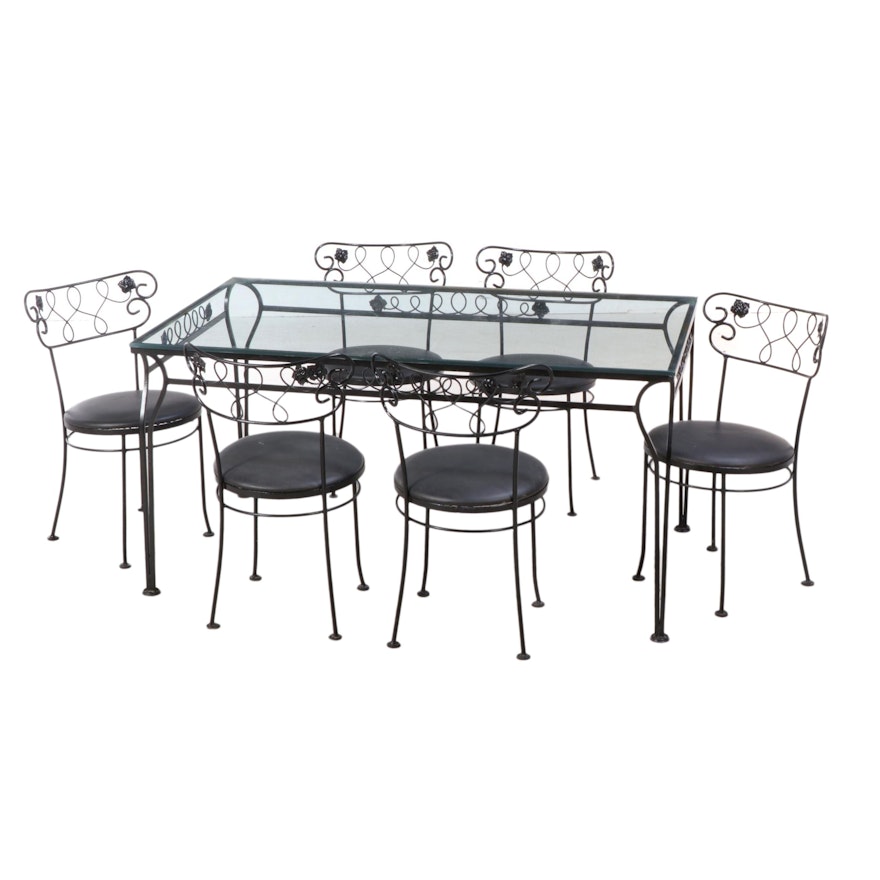 Seven-Piece Black-Painted Iron and Glass Top Patio Dining Set