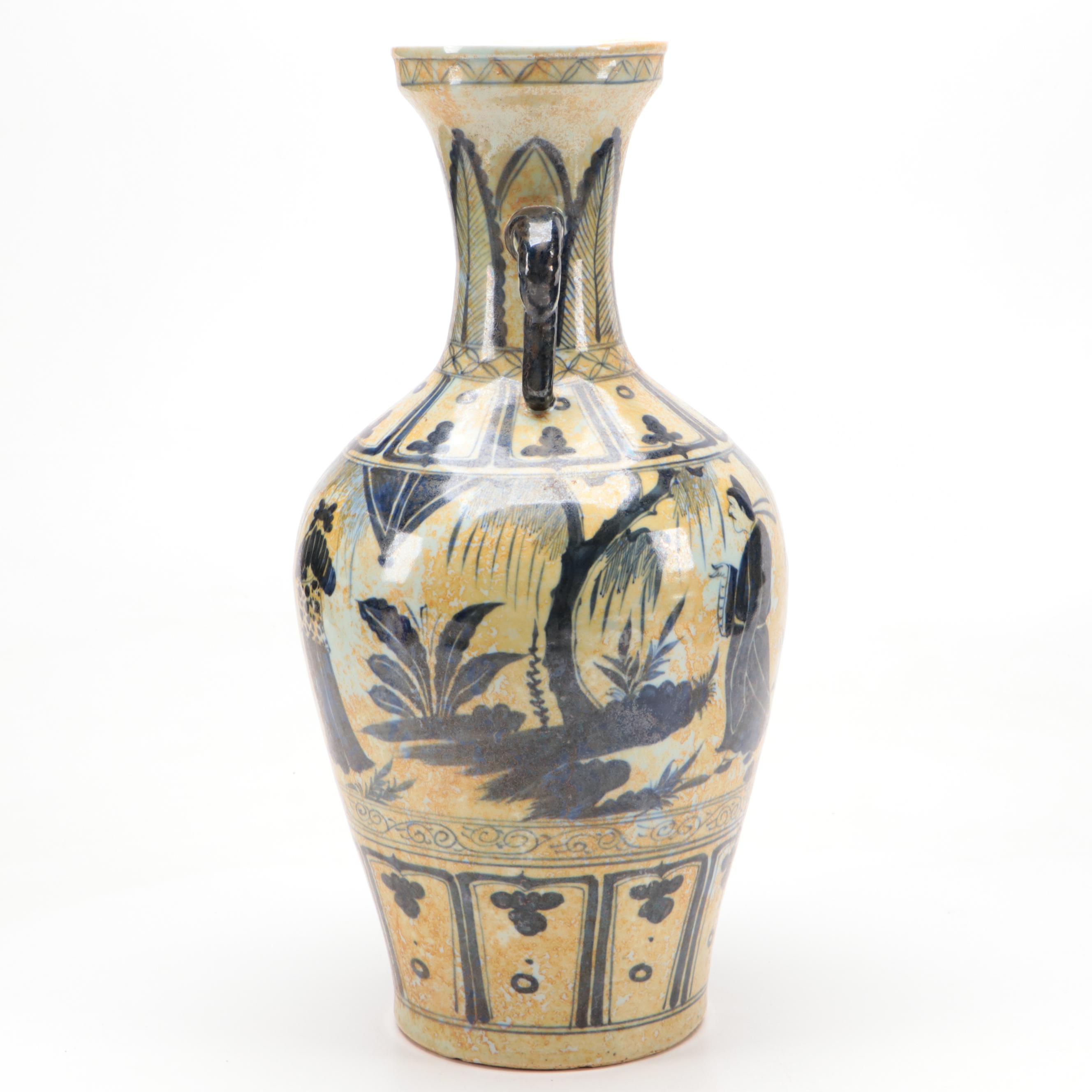 Chinese HandPainted Blue and White Porcelain Vase with Elephant