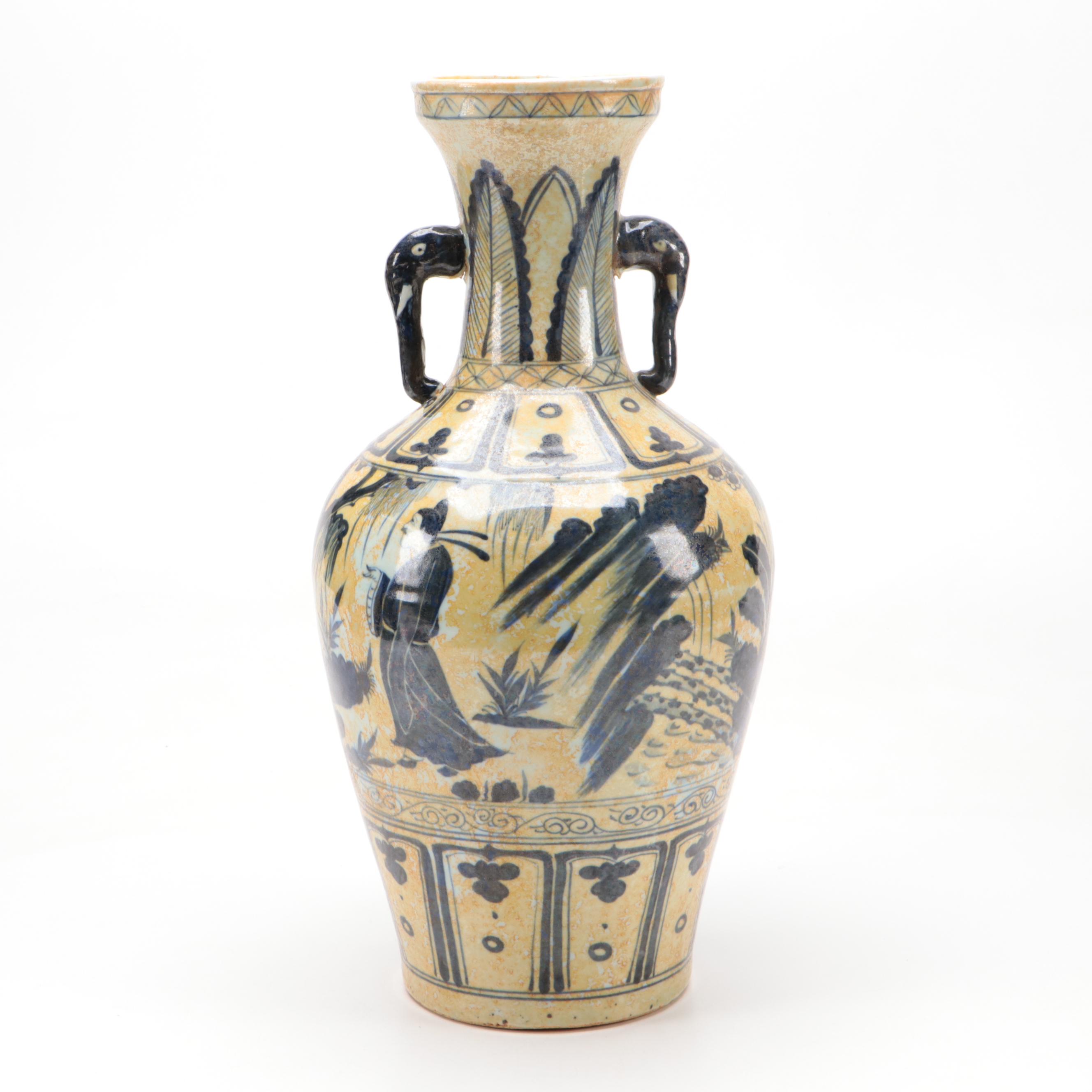 Chinese HandPainted Blue and White Porcelain Vase with Elephant