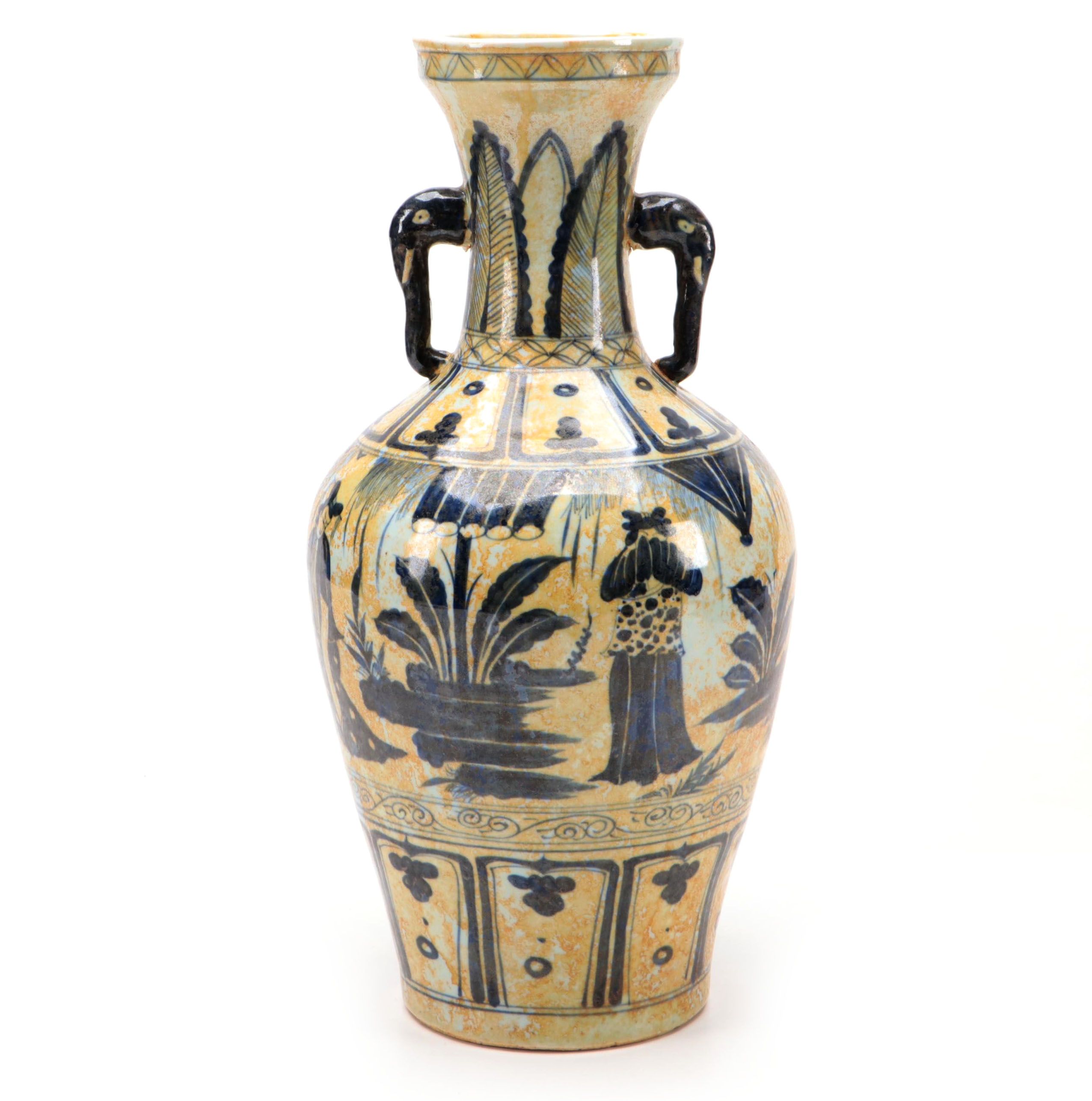 Chinese HandPainted Blue and White Porcelain Vase with Elephant