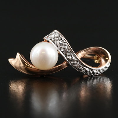 14K Rose Gold Pearl and Diamond Ribbon Brooch