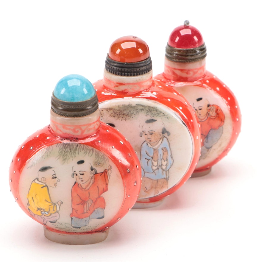 Three Chinese Hand-Painted Glass Snuff Bottles