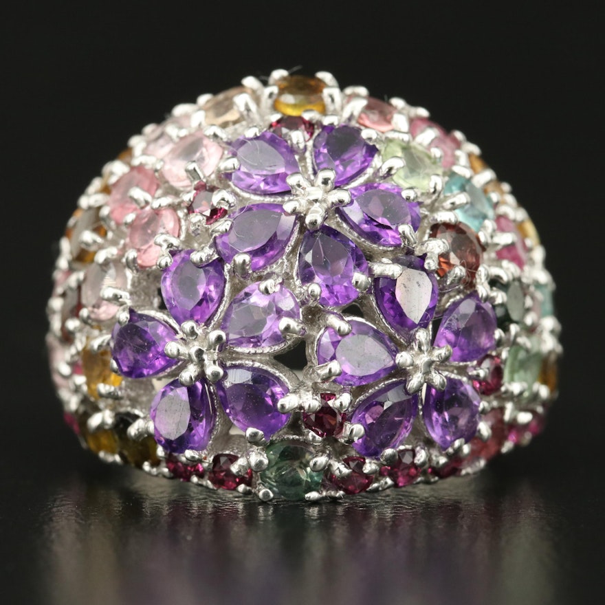 Sterling Amethyst and Tourmaline Bombé Floral Ring