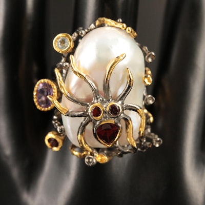 Sterling Spider Ring Including Pearl, Amethyst and Topaz