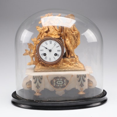 Phillipe H Mourey French Gilt Metal Figural Clock and Cloche, Late 19th Century
