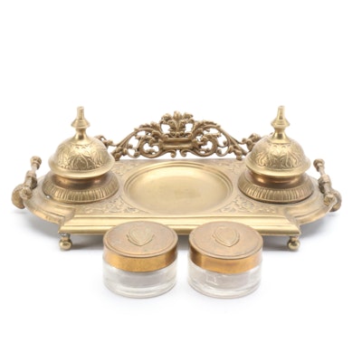 Foliate Brass Double Inkwell with Additional Jars