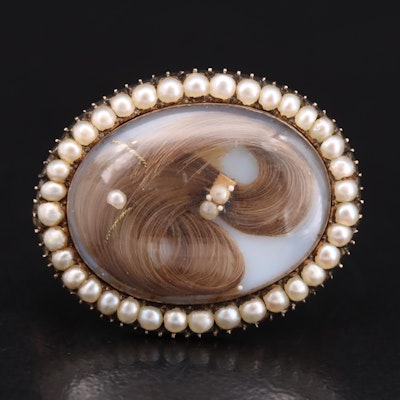 10K Seed Pearl Handkerchief Mourning Brooch with "Prince of Wales" Hair Curl