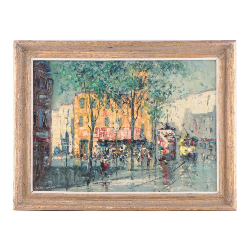 Augusto Gomes Martins Oil Painting of a Street Scene, Mid to Late 20th Century