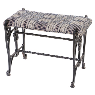 American Cast and Wrought Iron Fireside Bench with Overshot Coverlet Upholstery