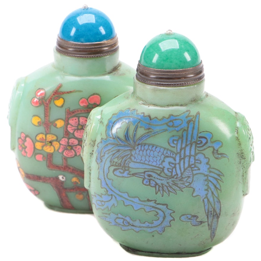 Two Chinese Hand-Painted Glass Large Snuff Bottles