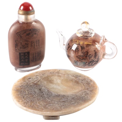 Chinese Hand-Carved Calligraphy Stone, Glass Snuff Bottle and Miniature Teapot