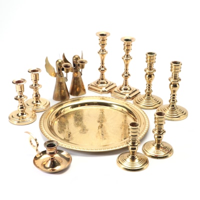 Seiden Lacquered Brass Tray with Brass Candlestick Collection