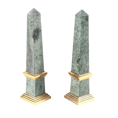 Grand Tour Style Green Marble and Brass Obelisks