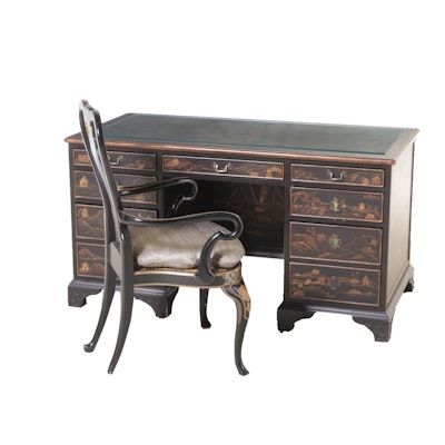George III Style Chinoiserie Desk with Chelsea House Queen Anne Style Armchair