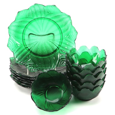 Anchor Hocking "Forest Green" Glass Blossom Bowls and Leaf Plates, 1957–1965