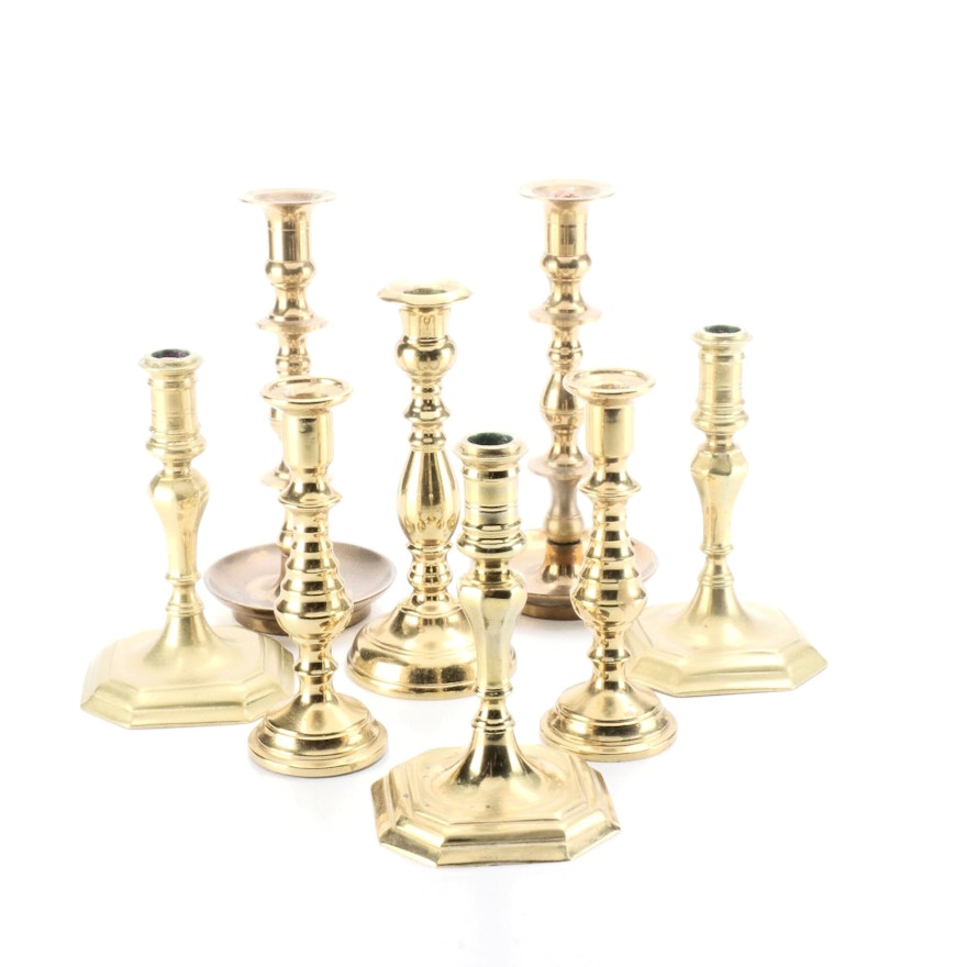 Federal Style Virginia Metalcrafters and Other Turned Brass Candlesticks