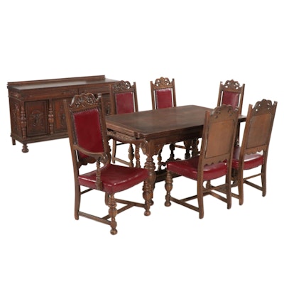Oak Jacobean Revival Dining Room Furniture, Mid 20th Century