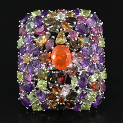 Sterling Floral Ring Including Fire Opal, Amethyst and Tourmaline