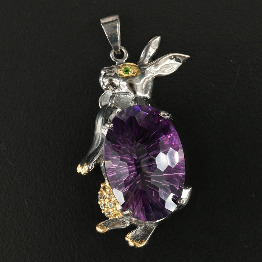 Sterling Amethyst, Diopside and Sapphire Rabbit Pendant