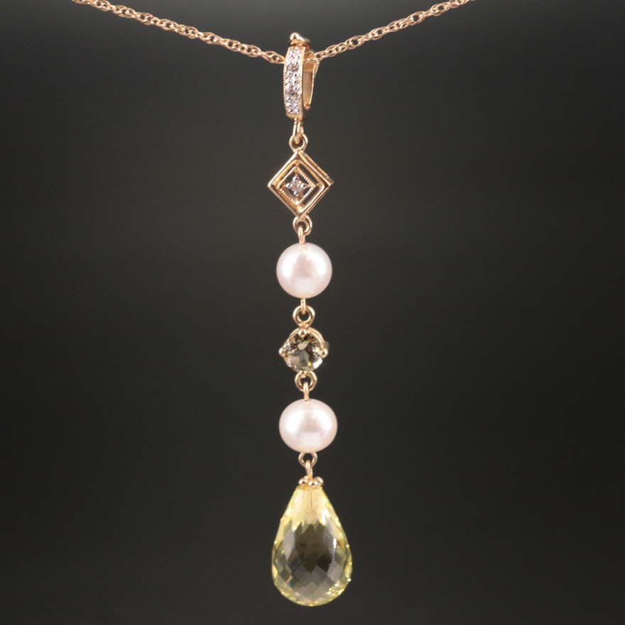 14K Cultured Pearl, Diamond, and Citrine Pendant Necklace