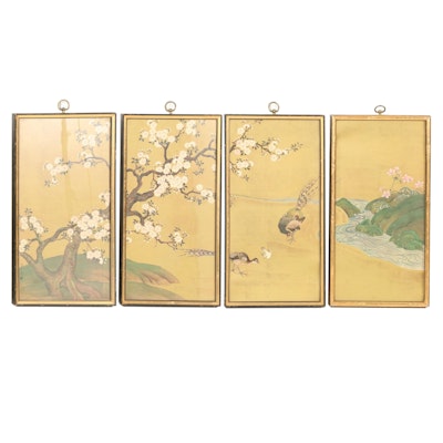 Chinese Quadriptych Offset Lithographs of Blossoming Tree and Pheasants