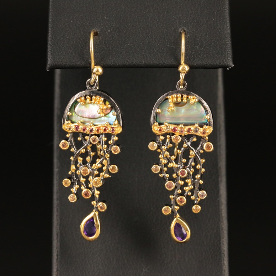 Sterling Abalone, Amethyst and Sapphire Jellyfish Earrings