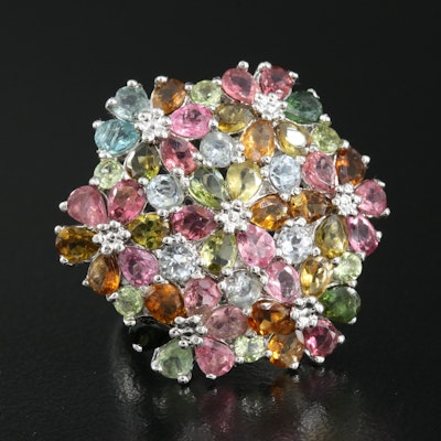 Sterling Tourmaline and Aquamarine Floral Cluster Ring